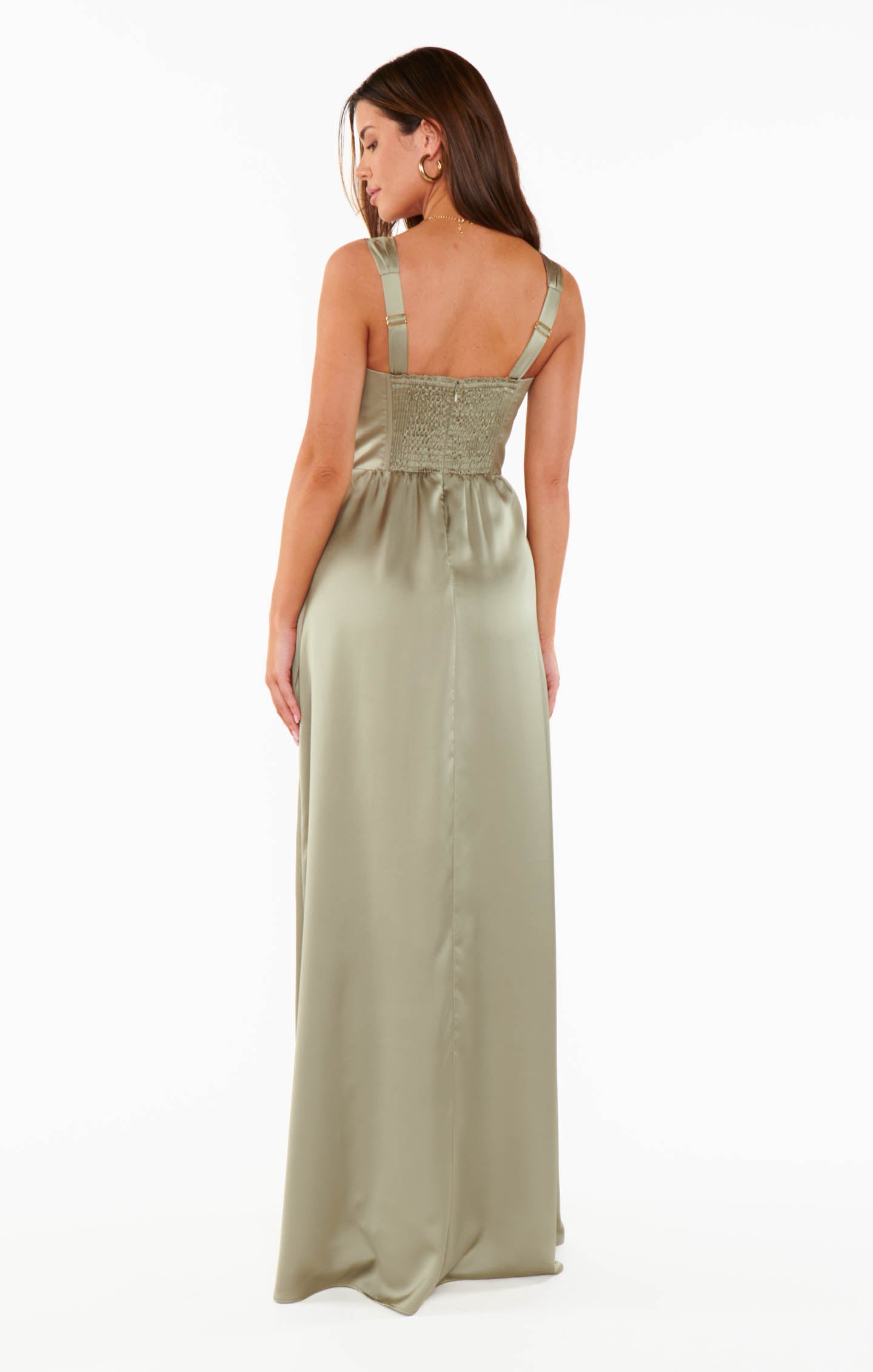 Nina Maxi Dress, in Moss Green Luxe Satin, Size: Large | Show Me Your Mumu