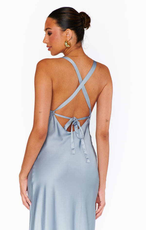 Anderson Maxi Dress ~ Steel Blue Luxe Satin – Show Me Your Mumu