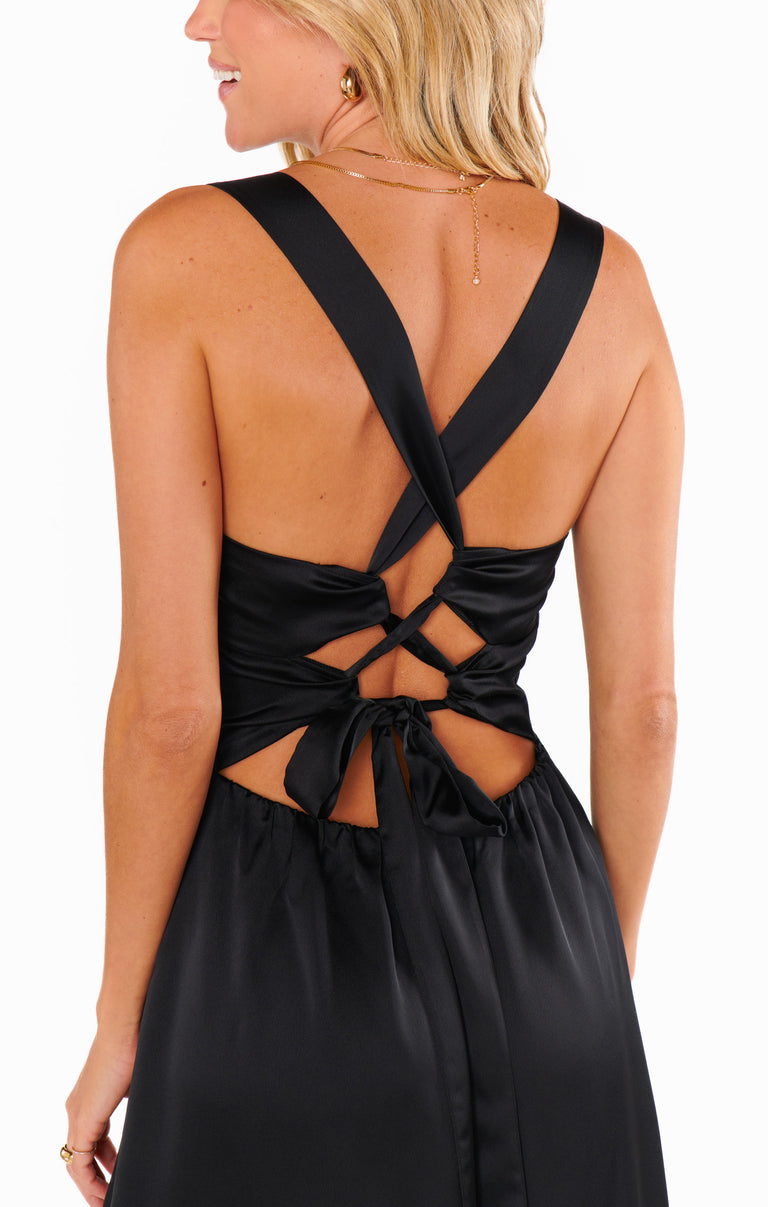 Mina Midi Dress, in Black Luxe Satin, Size: Large | Show Me Your Mumu