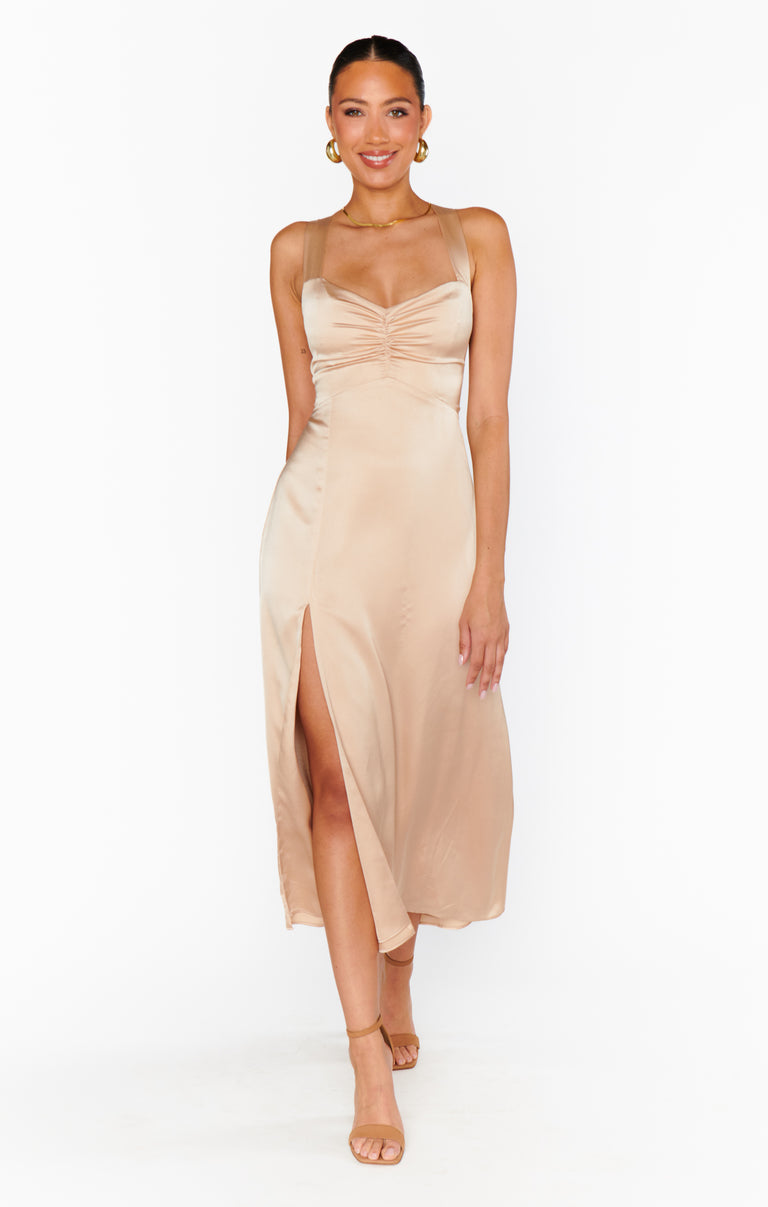 Mina Midi Dress, in Champagne Luxe Satin | Show Me Your Mumu