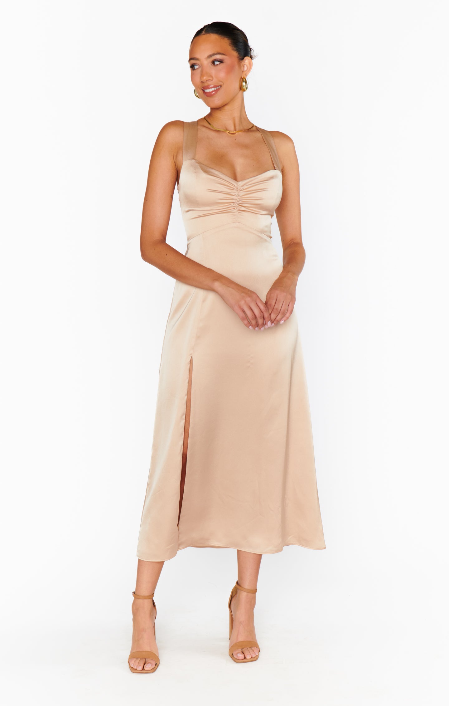 white christmas dresses Mina Midi Dress ~ Champagne Luxe Satin – Show Me Your Mumu