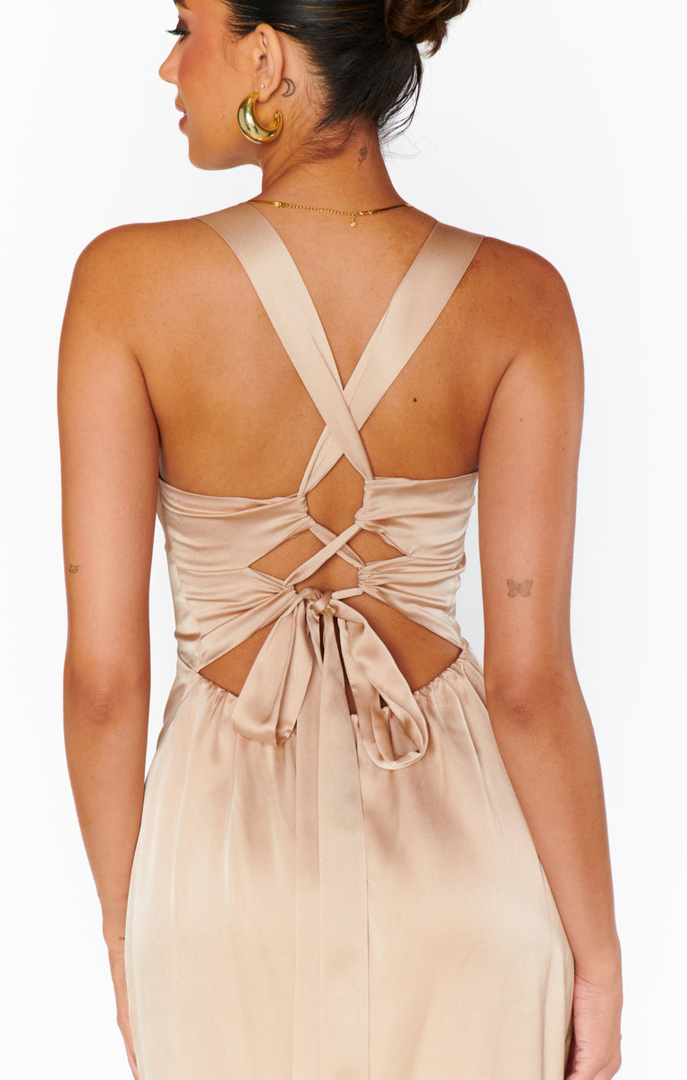 Mina Midi Dress ~ Champagne Luxe Satin Show Me Your Mumu Mina Midi Dress ~ Champagne Luxe Satin Show Me Your Mumu