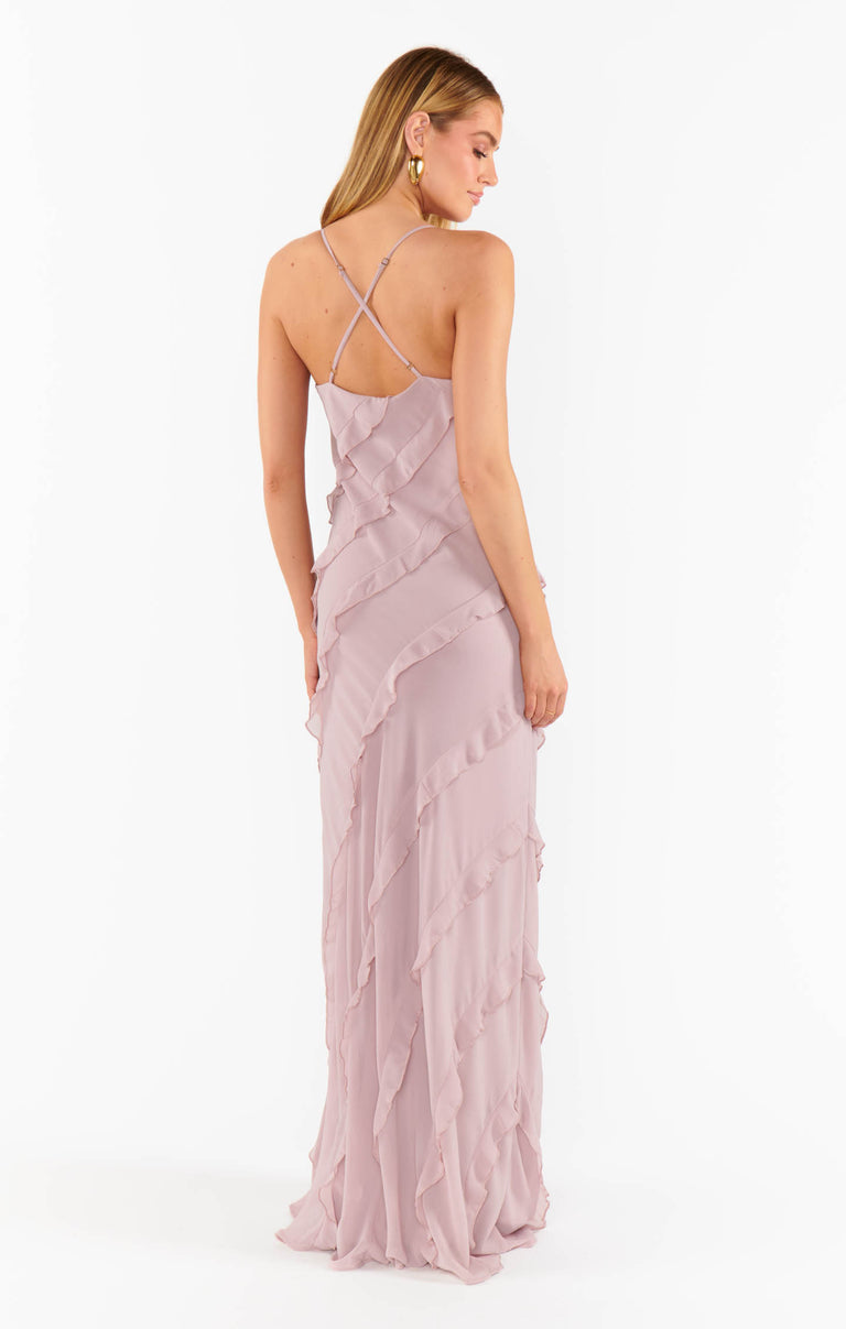 neutral chiffon dress Mlusine Neutral Ruched Chiffon Maxi Dress