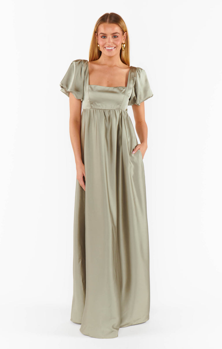 Nora Maxi Dress, in Moss Green Luxe Satin, Size: Large | Show Me Your Mumu