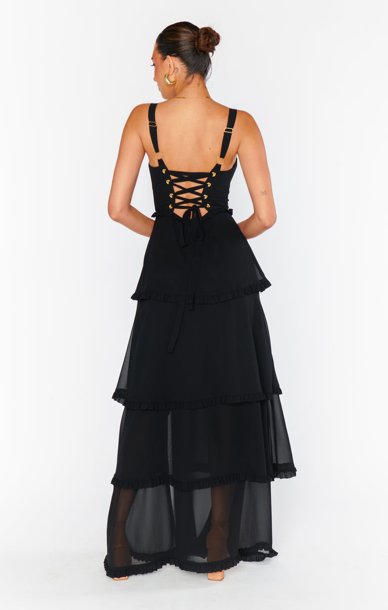 let them eat me chiffon corset dress Who loves the chiffon trend this prom season?! Aleena is wearing this coral Sherri Hill gown featuring a lace corset bodice and a tiered chiffon skirt! Also available in black and