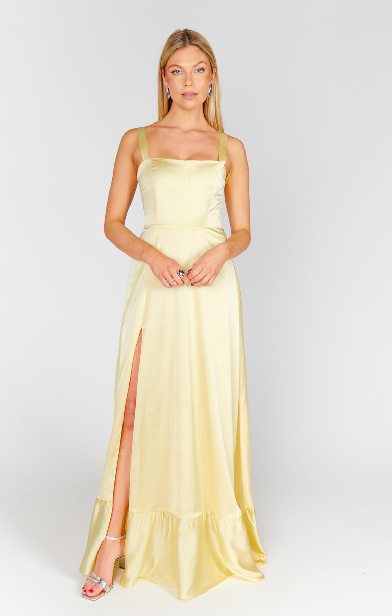 Clarissa Corset Dress, in Pale Yellow Luxe Satin | Show Me Your Mumu | Bridesmaid Dresses & Wedding Attendee Dress Clarissa Corset Dress, in Pale Yellow Luxe Satin | Show Me Your Mumu | Bridesmaid Dresses & Wedding Attendee Dress