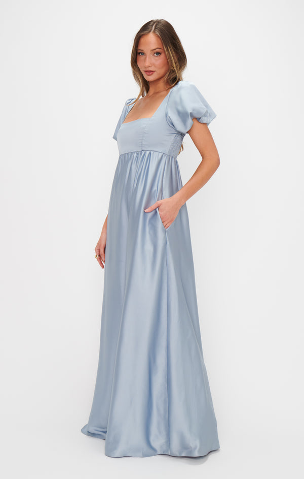 Nora Maxi Dress ~ Steel Blue Luxe Satin
