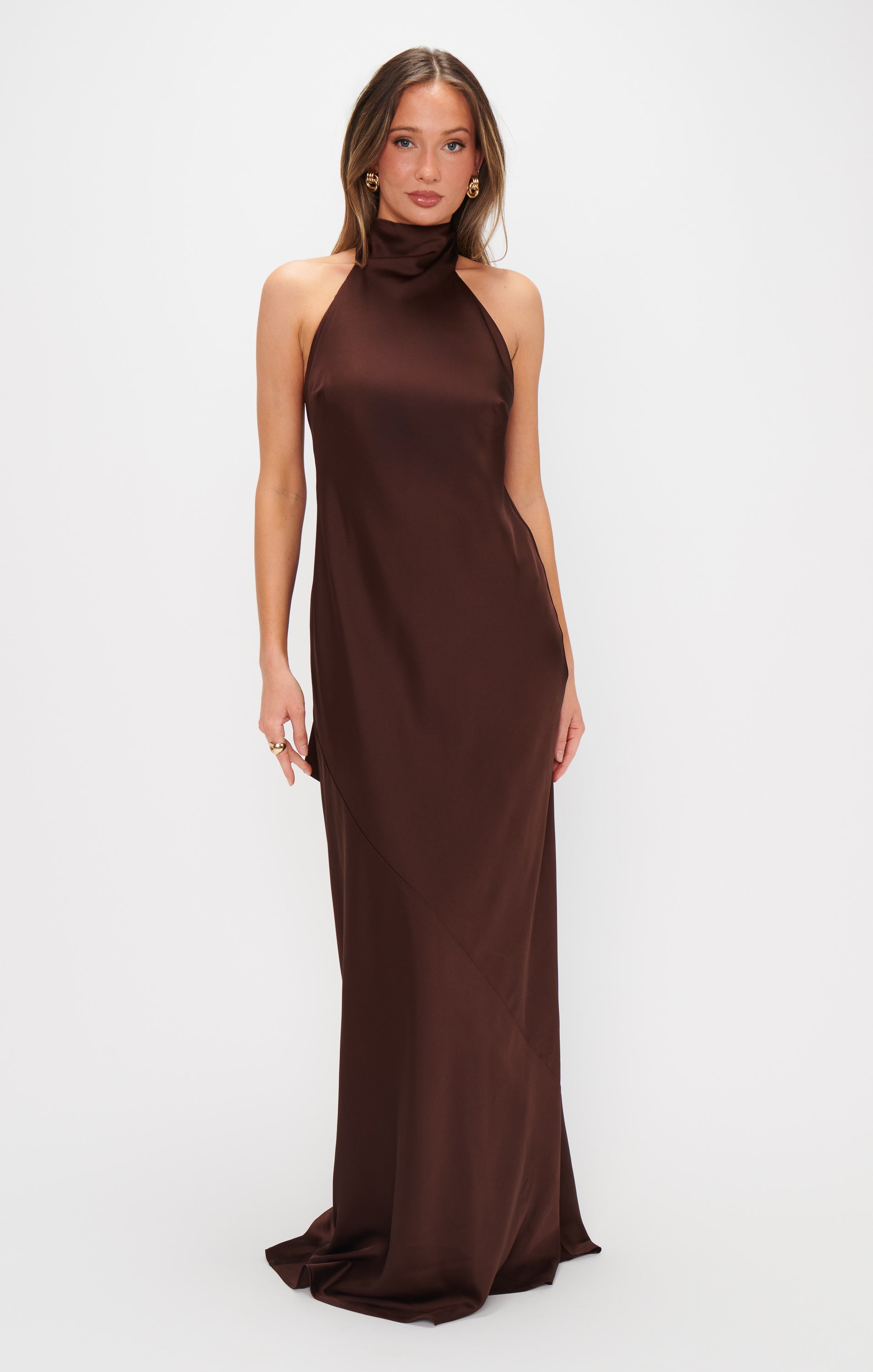 Kerri Chocolate Brown Satin Cowl-Neck Maxi Dress – Club L