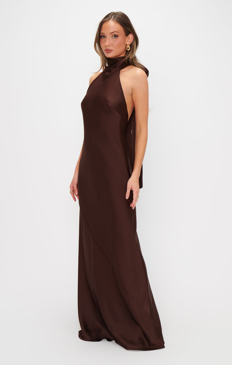 Lisa Maxi Dress, in Chocolate Luxe Satin, Size: Large | Show Me Your Mumu