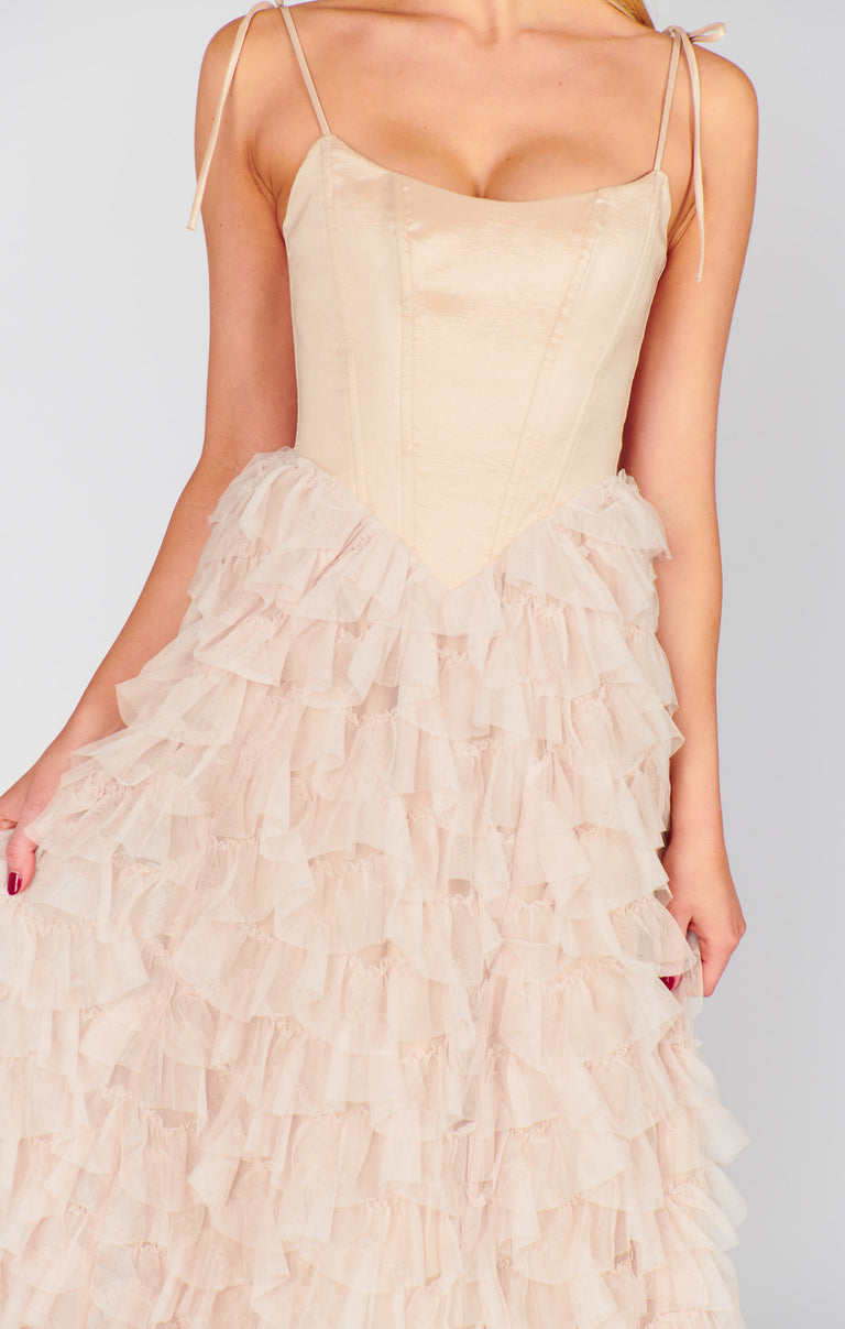 Francesca Maxi Dress, in Champagne Tulle Ruffle, Size: Large | Show Me Your Mumu | Bridesmaid Dresses & Wedding Attendee Dress Francesca Maxi Dress, in Champagne Tulle Ruffle, Size: Large | Show Me Your Mumu | Bridesmaid Dresses & Wedding Attendee Dress
