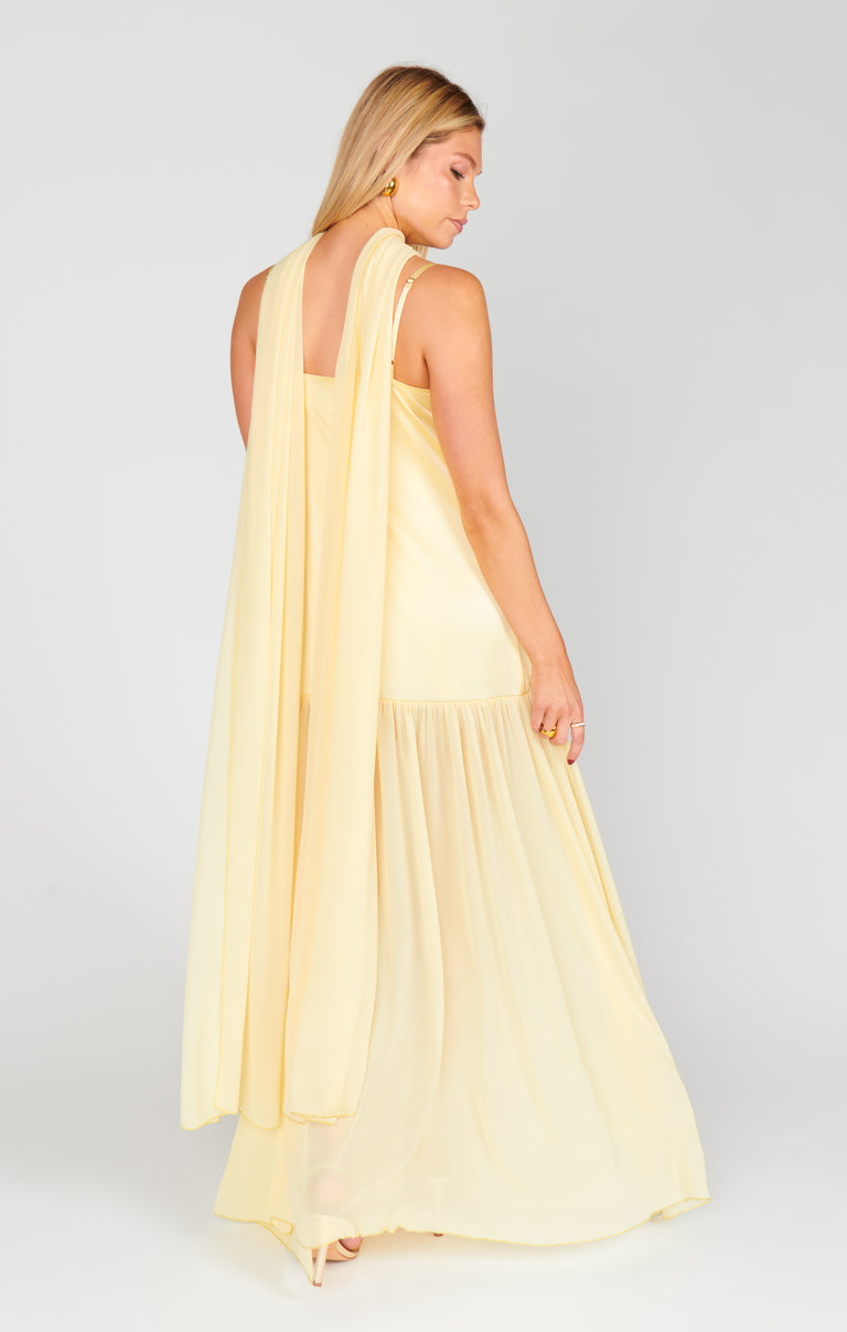 knee length dresses for ladies Dalia Maxi Dress, in Pale Yellow Luxe Satin | Show Me Your Mumu