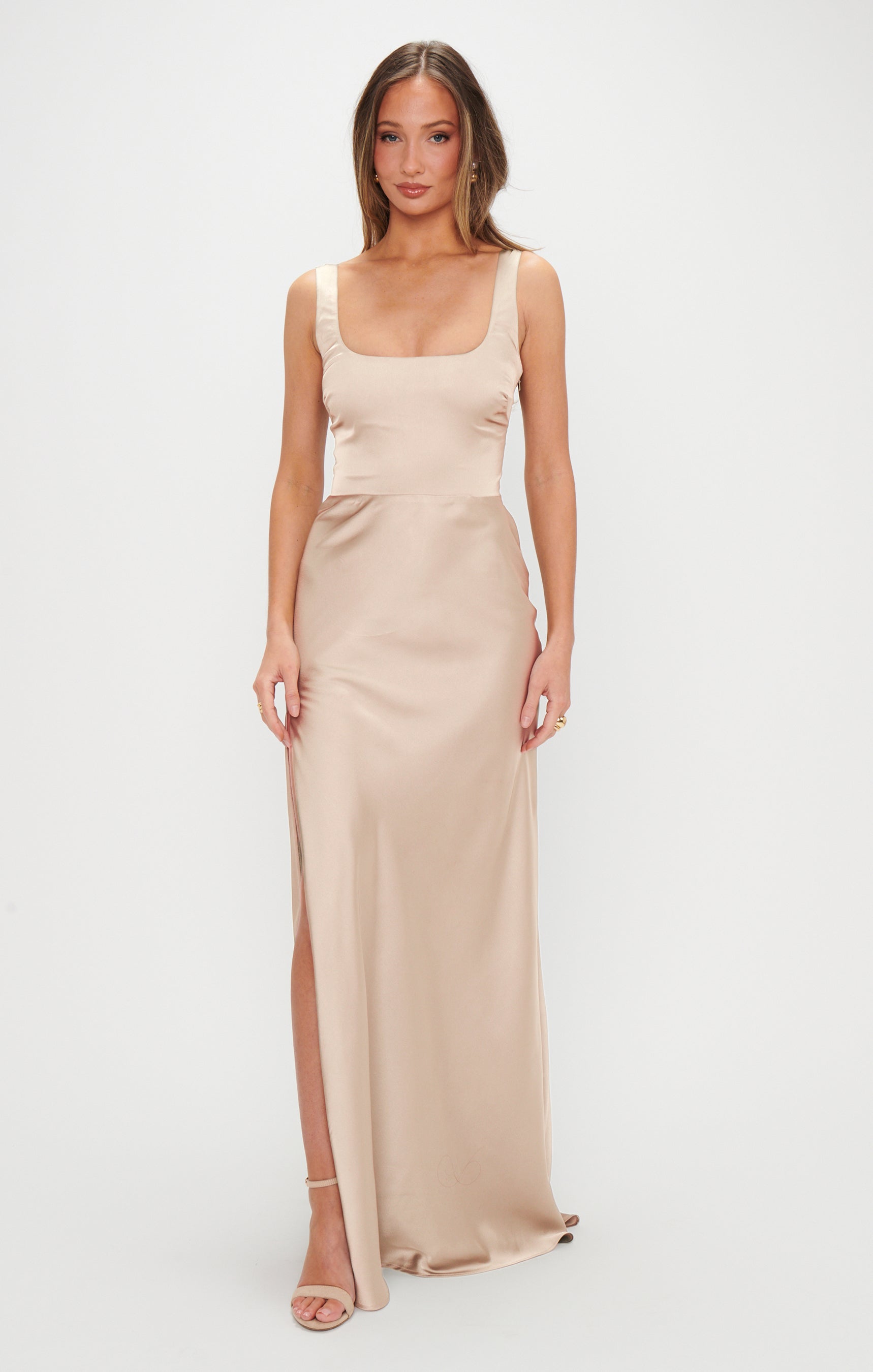 faith maxi dress mumu Lana Maxi Dress, in Champagne Luxe Satin, Size: Small | Show Me Your Mumu