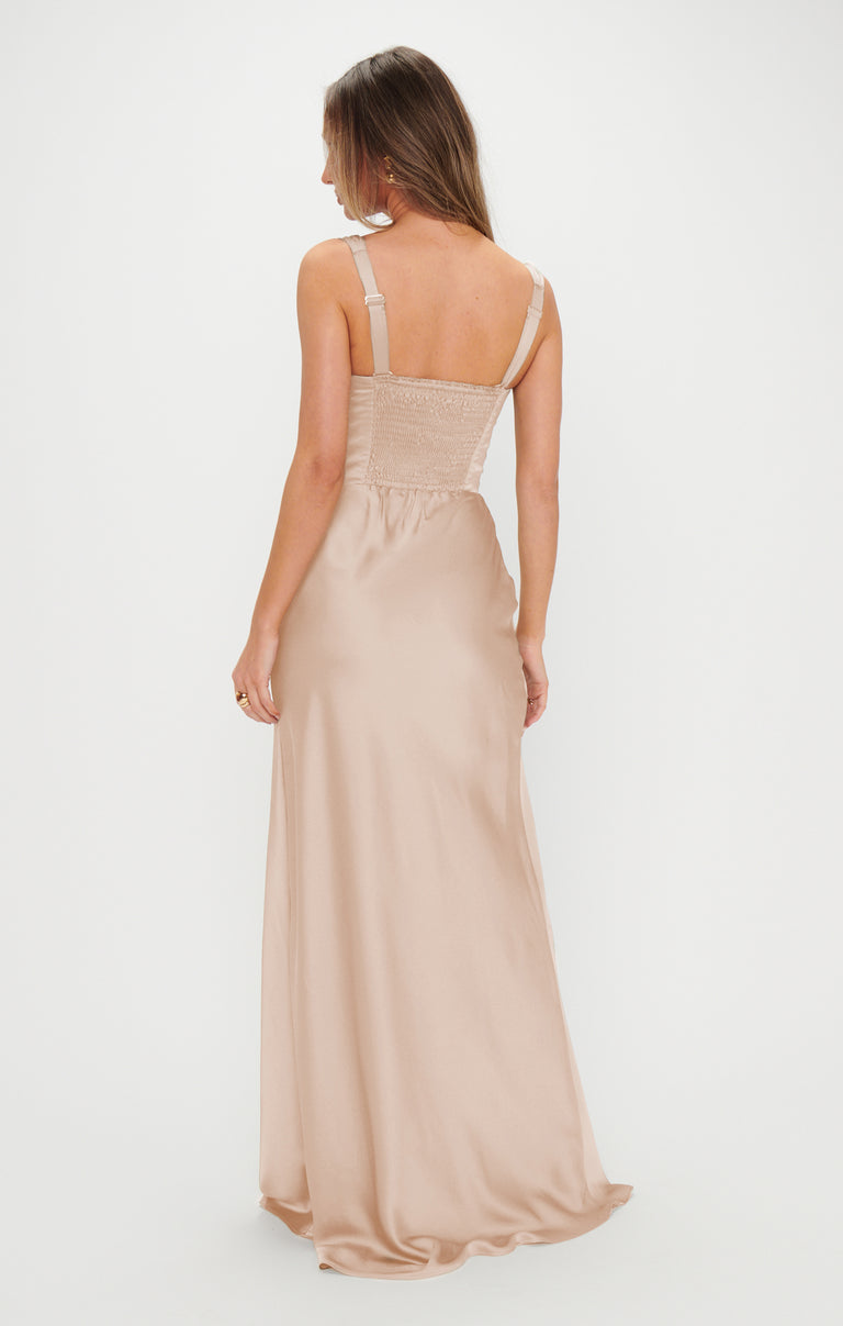 Lana Maxi Dress, in Champagne Luxe Satin, Size: Small | Show Me Your Mumu