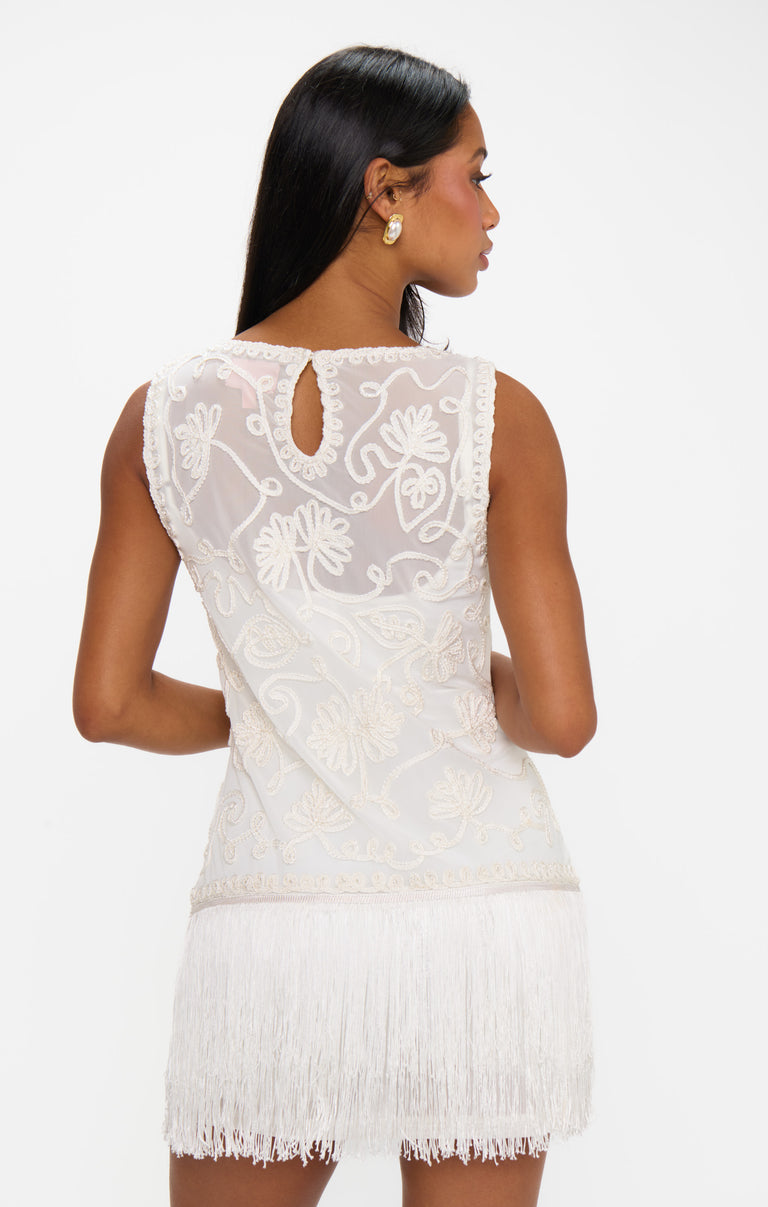 white fringe party dress Cyrus Mini Dress, in White With Fringe