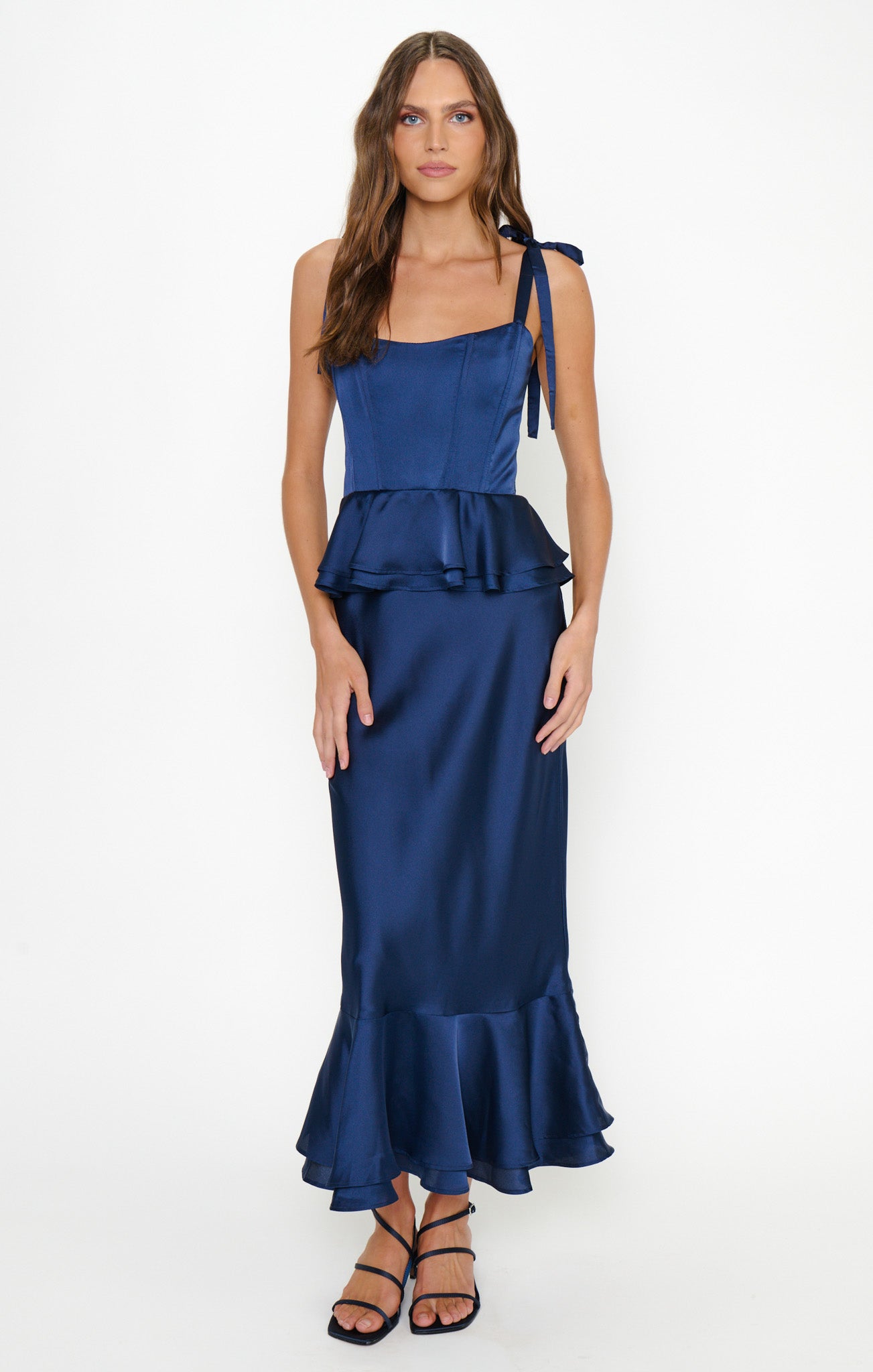 Pauline Peplum Dress ~ Midnight Navy Luxe Satin – Show Me Your Mumu