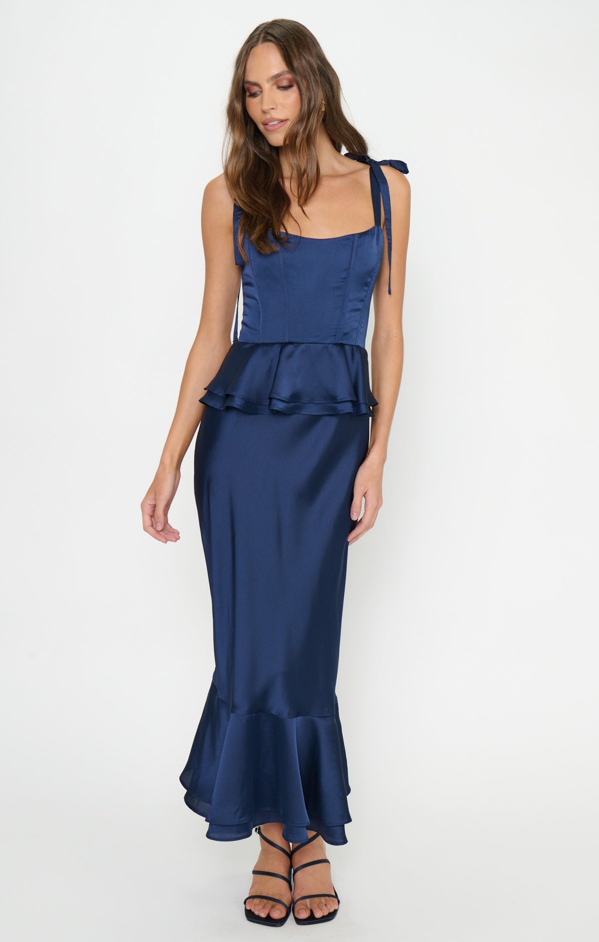Pauline Peplum Dress, in Midnight Navy Luxe Satin, Size: 2XL | Show Me Your Mumu