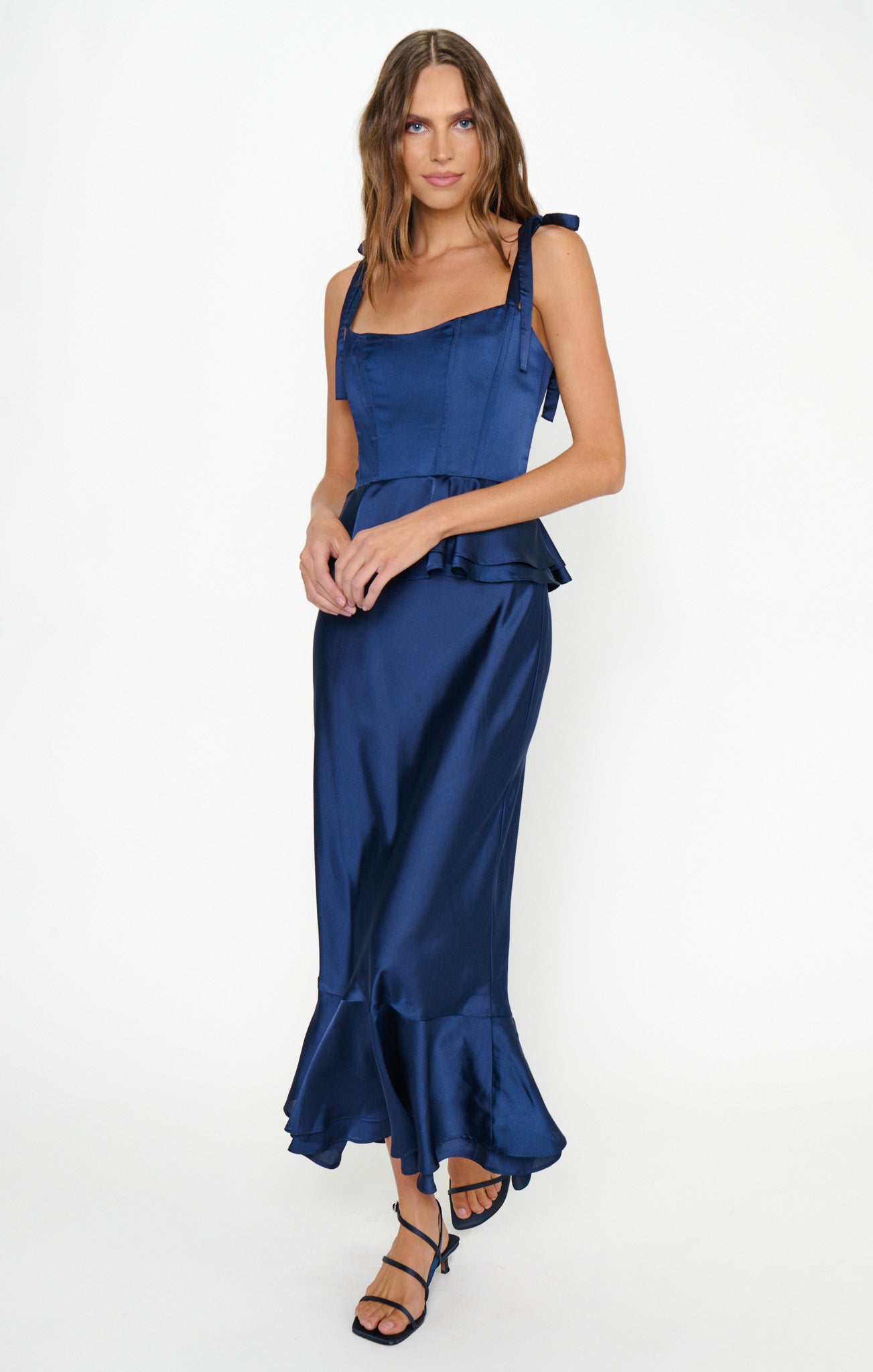 Pauline Peplum Dress ~ Midnight Navy Luxe Satin – Show Me Your Mumu