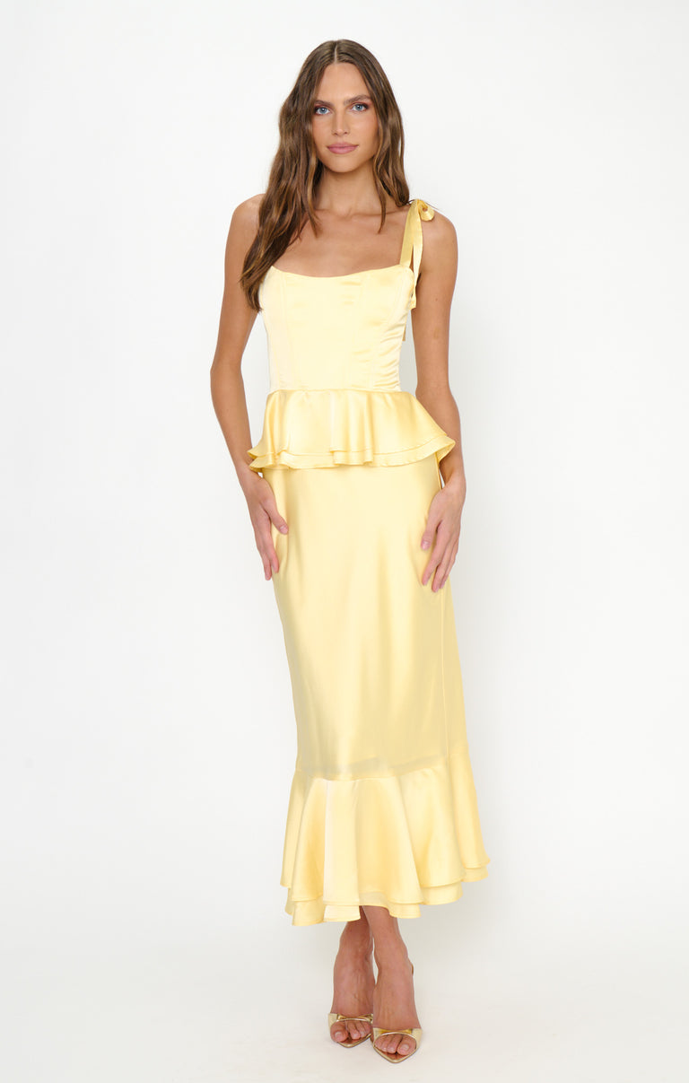 Pauline Peplum Dress, in Pale Yellow Luxe Satin | Show Me Your Mumu