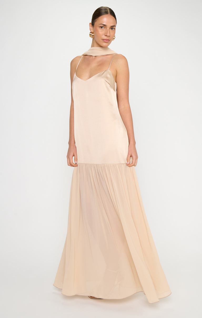 Dalia Maxi Dress, in Champagne Luxe Satin, Size: Large | Show Me Your Mumu