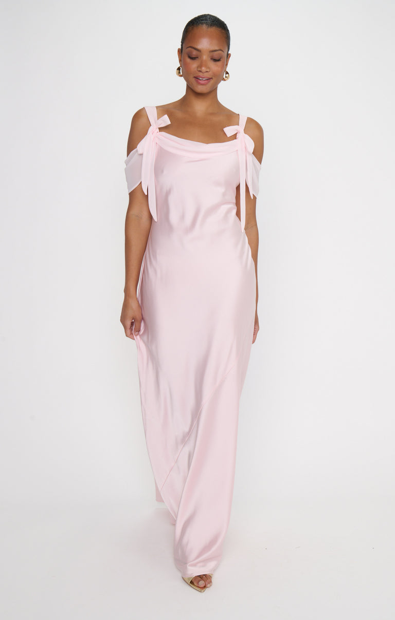 the occasion by old navy off-shoulder ruffle chiffon maxi dress Bella Maxi Dress, in Powder Pink Luxe Satin, Size: Small | Show Me Your Mumu