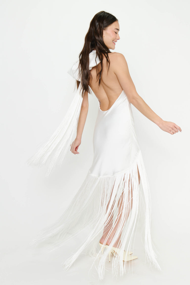 white fringe maxi dress Jasmine Fringe Maxi Dress ~ Ivory Luxe Satin – Show Me Your Mumu