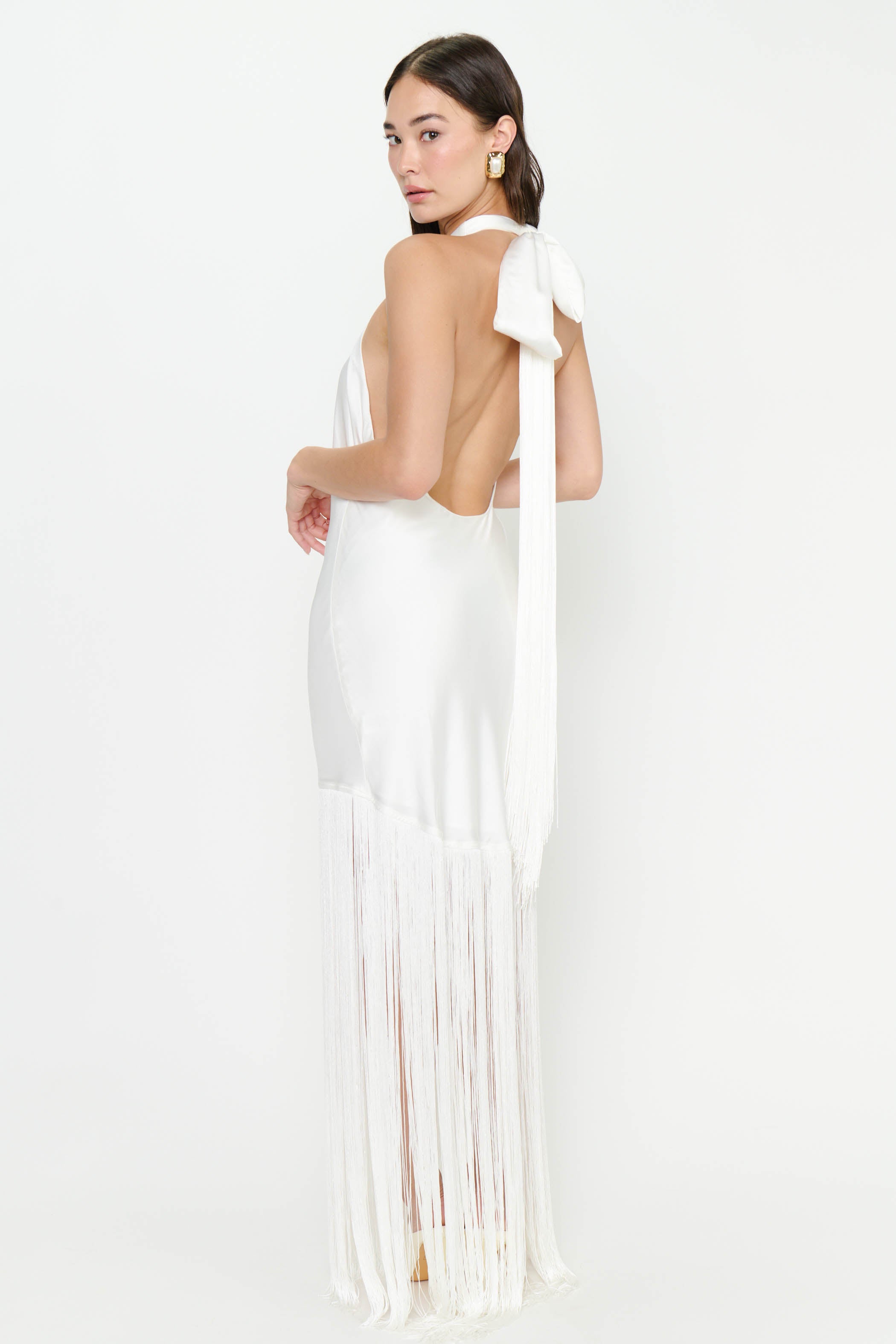 Jasmine Fringe Maxi Dress ~ Ivory Luxe Satin Show Me Your Mumu Jasmine Fringe Maxi Dress ~ Ivory Luxe Satin Show Me Your Mumu