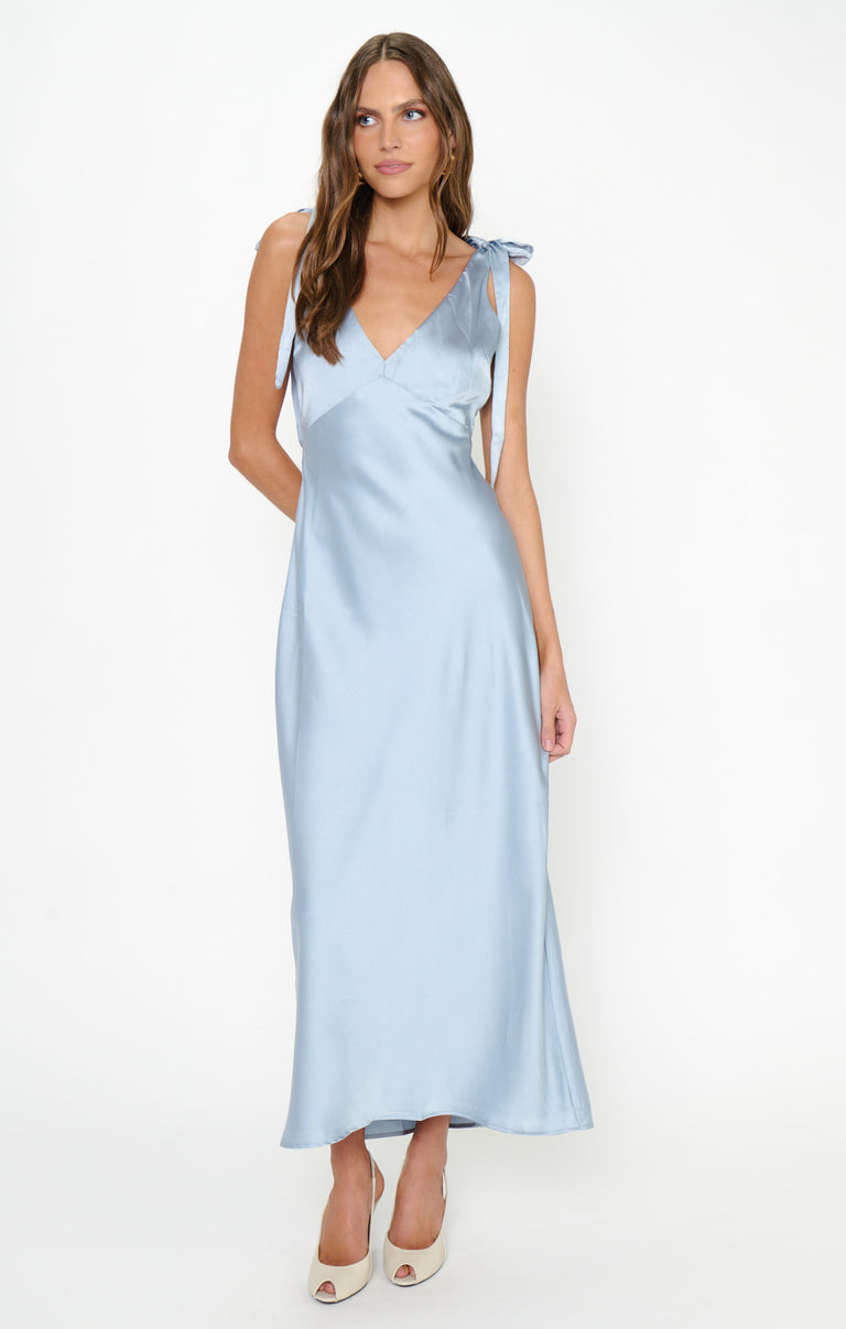 knee length dresses for ladies Emma Midi Dress, in Steel Blue Luxe Satin, Size: Small | Show Me Your Mumu