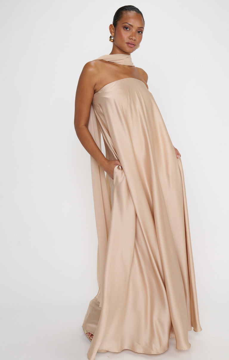 tinsley dress in beige Tinsley Tube Dress, in Champagne Luxe Satin, Size: Small | Show Me Your Mumu