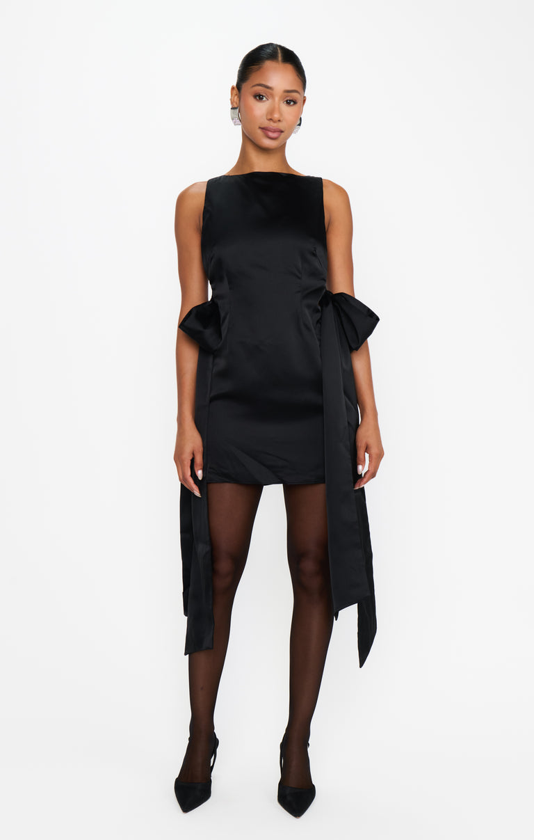 black mini dress clubwear Long Sleeve Cut Out Detail Drape Mini Dress In Black Slinky | EGO US