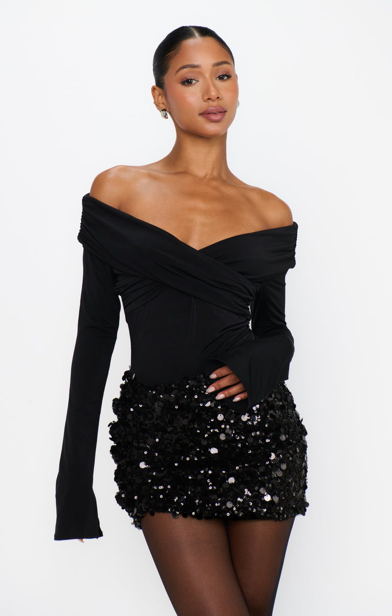 Bowery Mini Skirt, in Black Metallic Sequins, Size: Large
