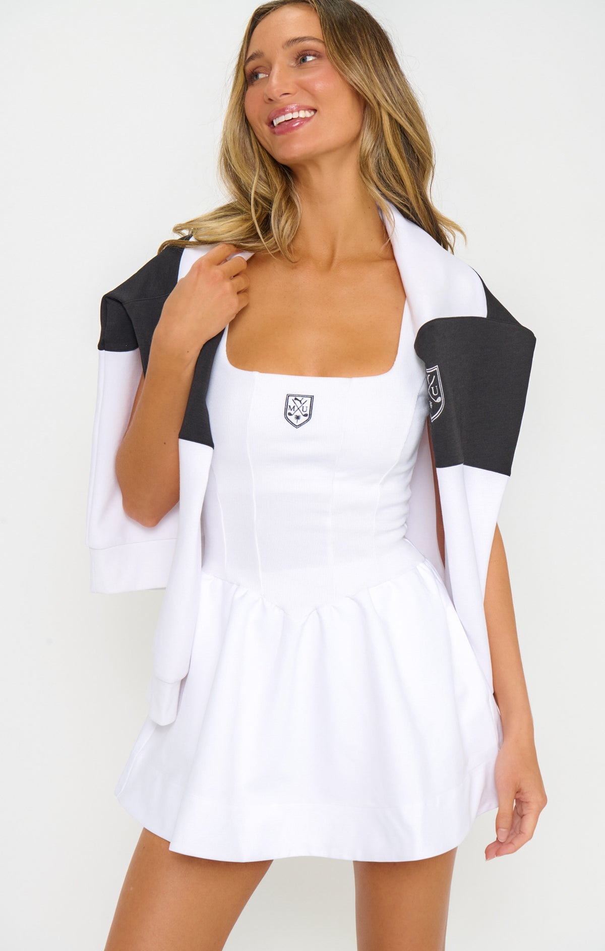 white dress with black stitching Putt Putt Mini Dress, in Rib Audrey Dress - Black line skirt falls to Color:Champagne* Asymmetrical Neckline