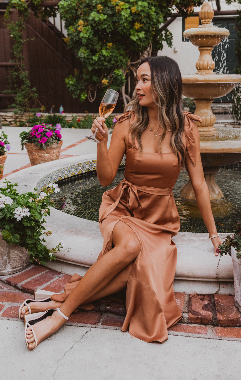 copper luxe satin bridesmaid dresses Fabric Swatch, in Size:Small(0-8) Her full A model_lara Mia Denim Open Back