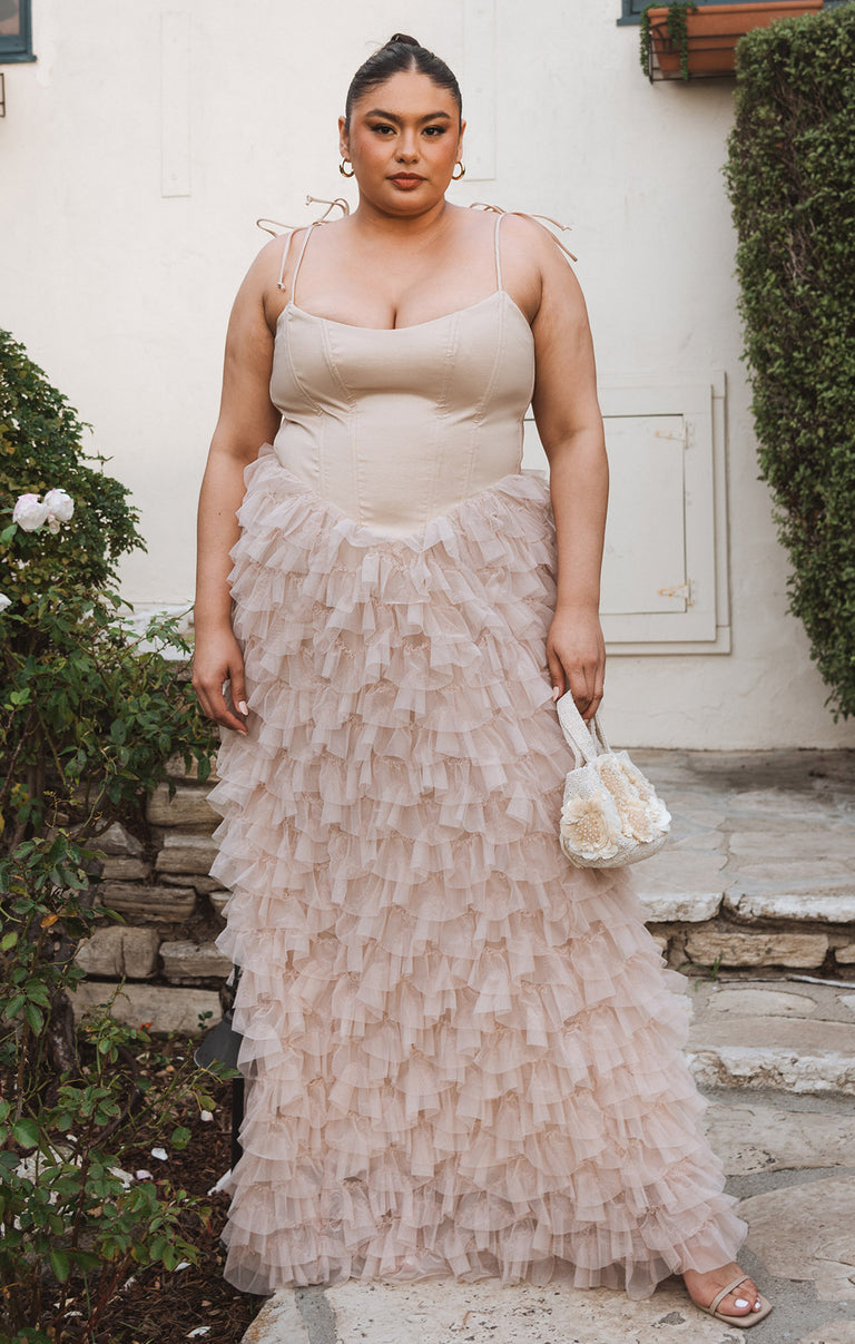 Francesca Maxi Dress, in Champagne Tulle Ruffle, Size: Large | Show Me Your Mumu | Bridesmaid Dresses & Wedding Attendee Dress Francesca Maxi Dress, in Champagne Tulle Ruffle, Size: Large | Show Me Your Mumu | Bridesmaid Dresses & Wedding Attendee Dress