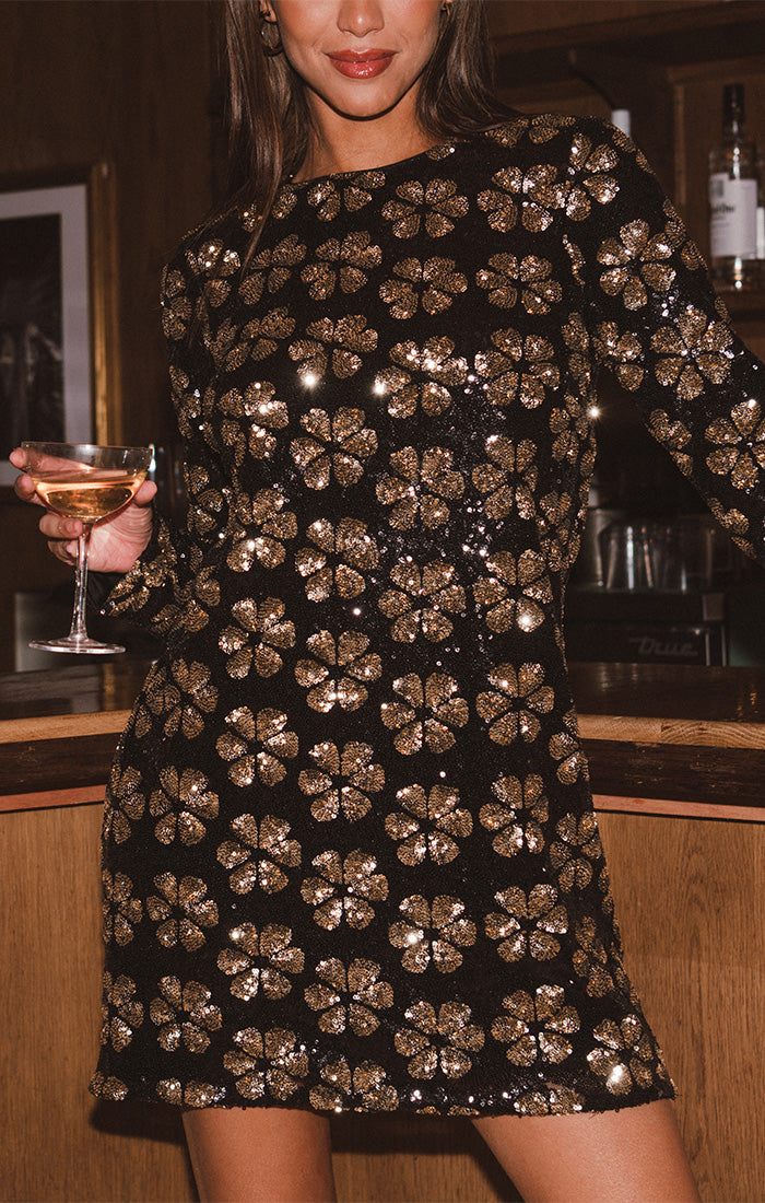Maddison Mini Dress ~ Flower Pop Gold Sequins XS