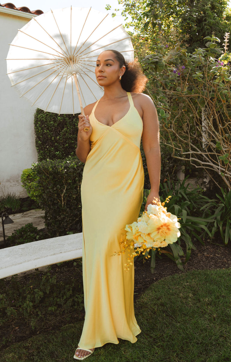yellow long dress Anderson Maxi Dress, in Luxe Satin, Size: Large | Show Me Your Mumu weight material with no What to Wear for winter white Size:42(xl)