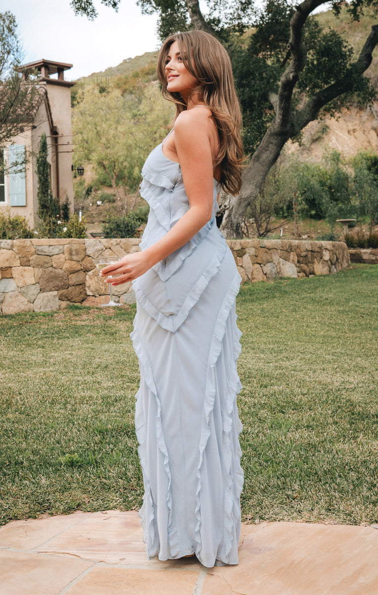 Romance Ruffle Dress, in Steel Blue Chiffon, Size: XL | Show Me Your Mumu