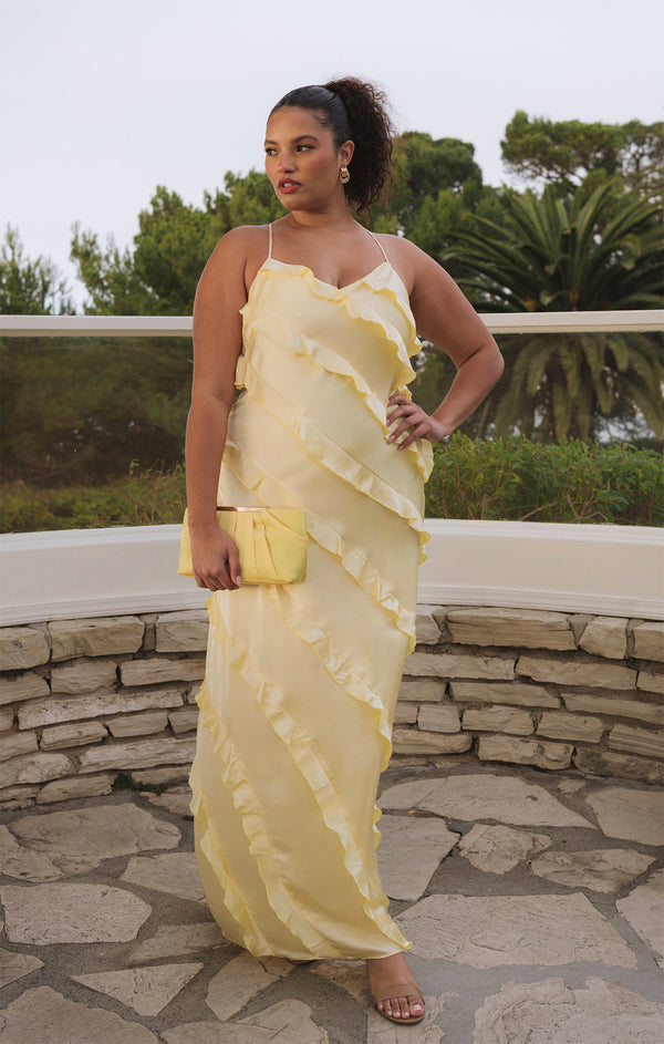 Romance Ruffle Dress ~ Pale Yellow Luxe Satin – Show Me Your Mumu