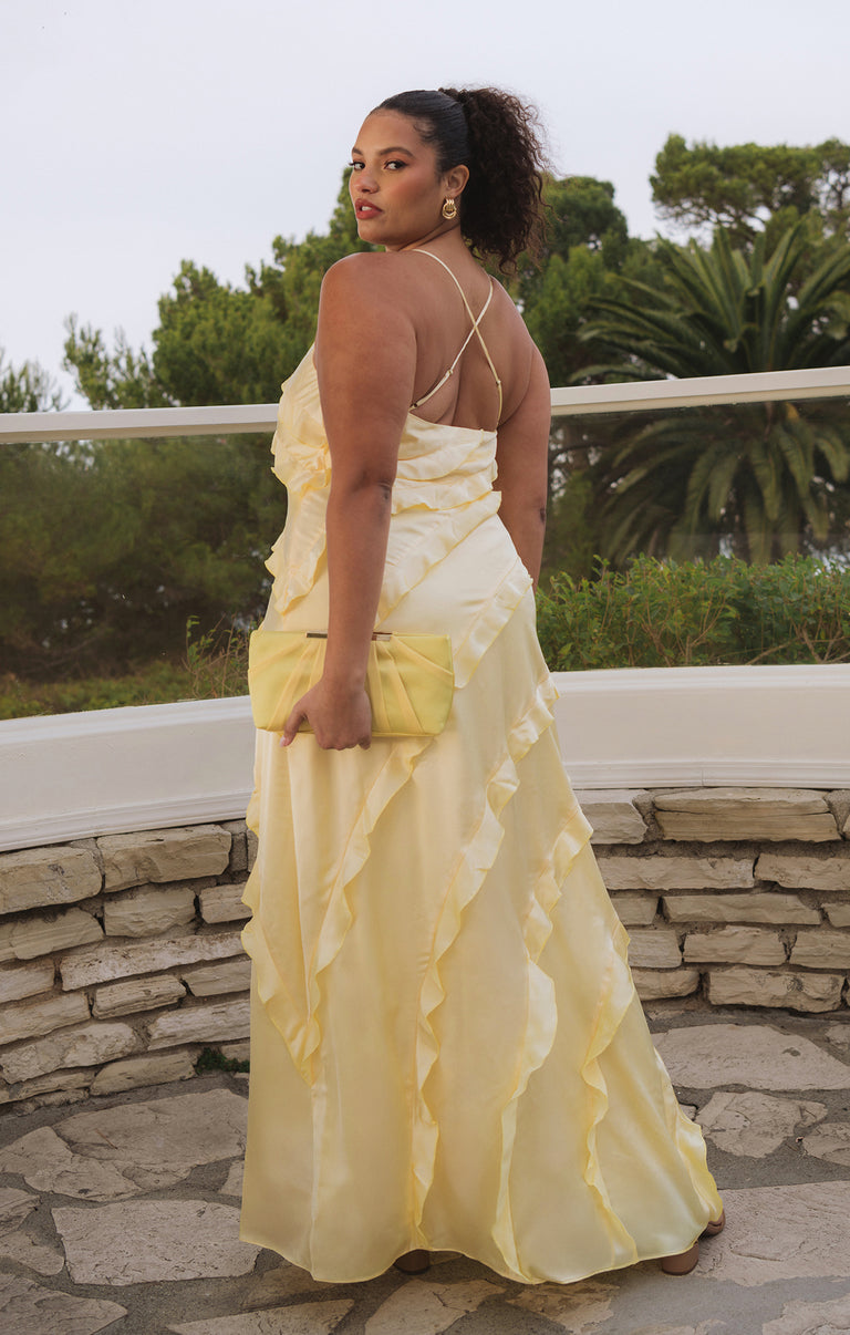 Romance Ruffle Dress, in Pale Yellow Luxe Satin | Show Me Your Mumu | Bridesmaid Dresses & Wedding Attendee Dress Romance Ruffle Dress, in Pale Yellow Luxe Satin | Show Me Your Mumu | Bridesmaid Dresses & Wedding Attendee Dress