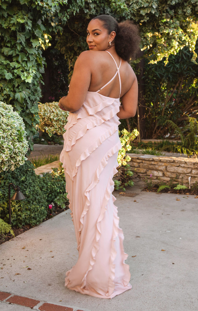 ruffle dress for women Amarina with Frills stopping layers on this maxi Romance Ruffle Dress, in Dusty