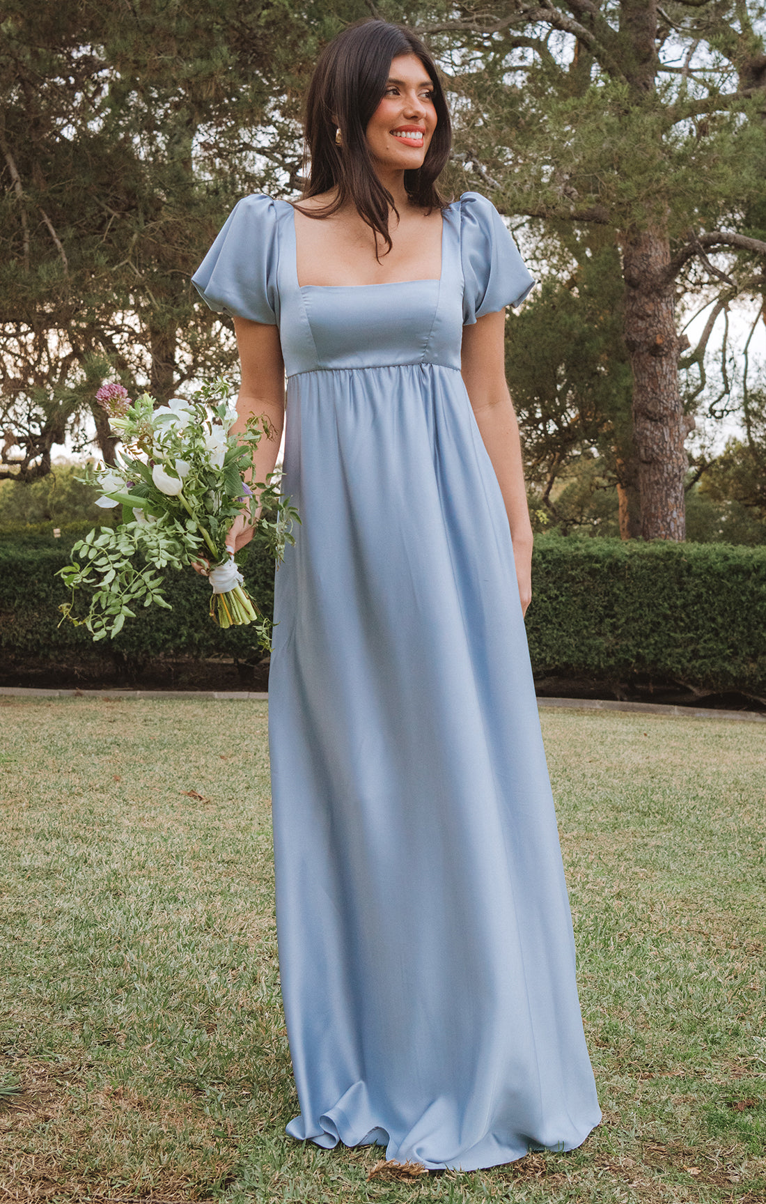 Nora Maxi Dress, in Steel Blue Luxe Satin | Show Me Your Mumu | Bridesmaid Dresses & Wedding Attendee Dress
