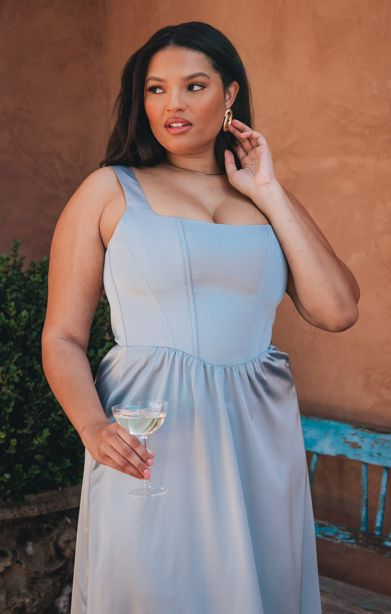 Nina Maxi Dress, in Steel Blue Luxe Satin, Size: XS | Show Me Your Mumu