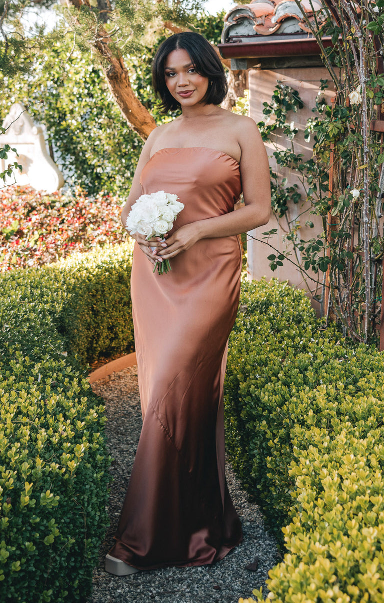 brown tube maxi dress Taylor Dress, in Copper Luxe Satin, Size: XL | Show Me Your Mumu line skirt that ends