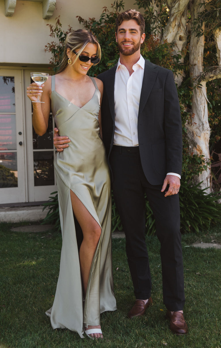 fitted lace wedding dress Anderson Maxi Dress, in Moss Green Luxe Satin, Size: Small | Show Me Your Mumu