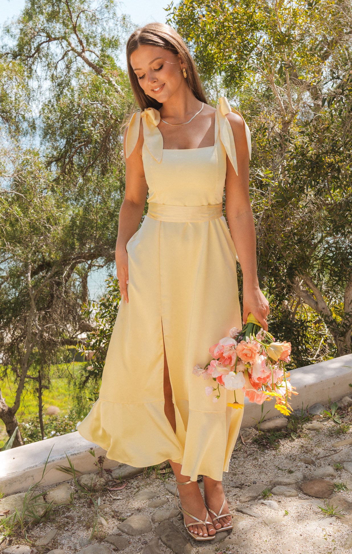 Garden Midi Dress Pale Yellow Luxe Satin XXS1