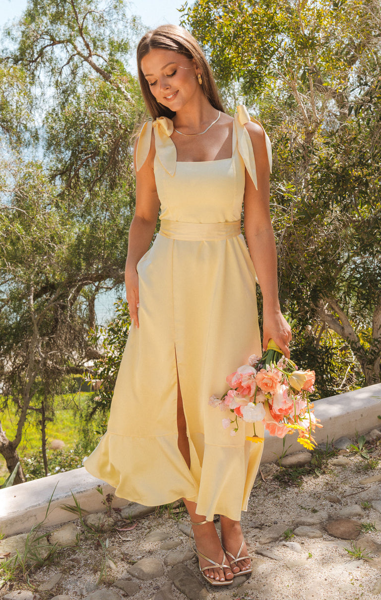 Garden Midi Dress, in Pale Yellow Luxe Satin, Size: 2XL | Show Me Your Mumu | Bridesmaid Dresses & Wedding Attendee Dress Garden Midi Dress, in Pale Yellow Luxe Satin, Size: 2XL | Show Me Your Mumu | Bridesmaid Dresses & Wedding Attendee Dress