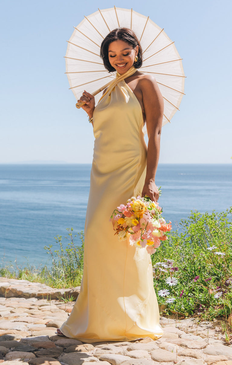 Jasmine Halter Maxi Dress, in Pale Yellow Luxe Satin, Size: 2XL | Show Me Your Mumu | Bridesmaid Dresses & Wedding Attendee Dress Jasmine Halter Maxi Dress, in Pale Yellow Luxe Satin, Size: 2XL | Show Me Your Mumu | Bridesmaid Dresses & Wedding Attendee Dress