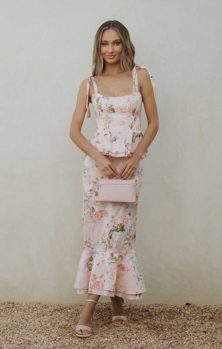 Pauline Peplum Dress, in Powder Pink Blooms Taffeta, Size: 2XL | Show Me Your Mumu | Bridesmaid Dresses & Wedding Attendee Dress Pauline Peplum Dress, in Powder Pink Blooms Taffeta, Size: 2XL | Show Me Your Mumu | Bridesmaid Dresses & Wedding Attendee Dress