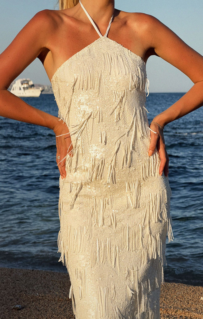Julianna Maxi Dress ~ White Fringe Sequins – Show Me Your Mumu