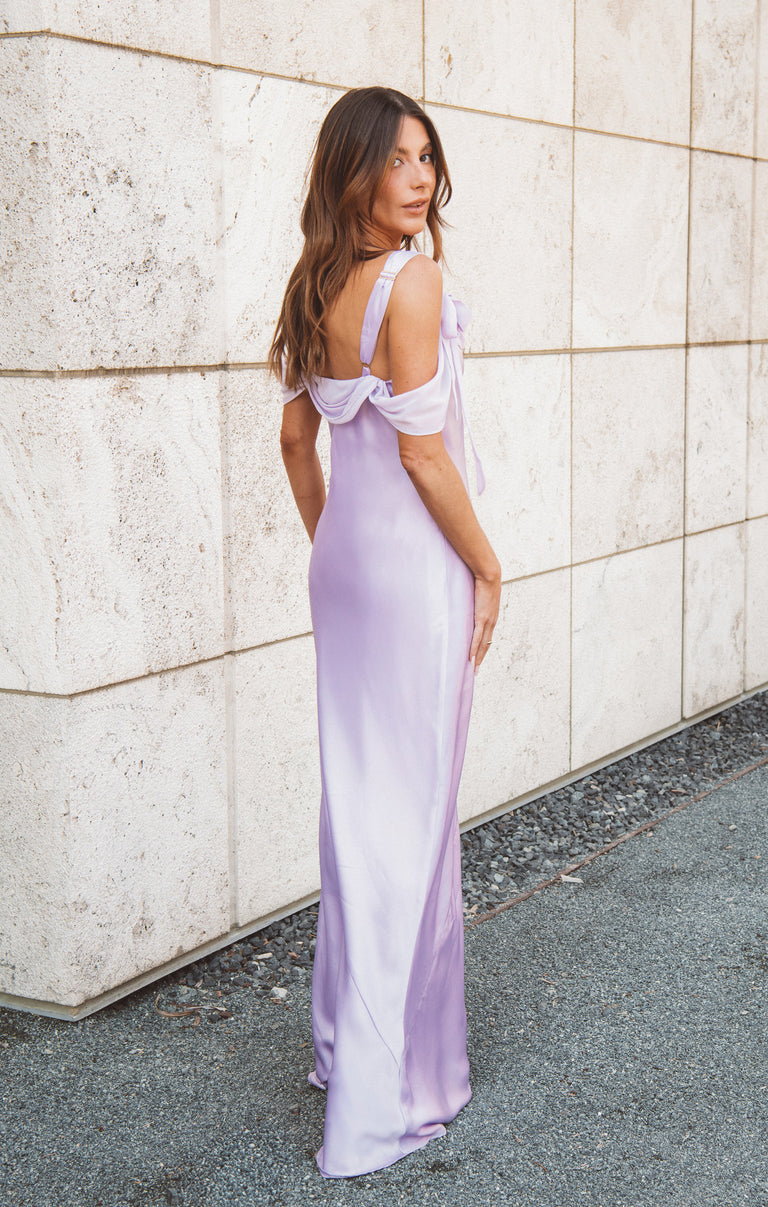Bella Maxi Dress, in Lavender Luxe Satin, Size: Large | Show Me Your Mumu