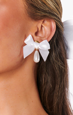 Bow Drop Pearl Earrings ~ White